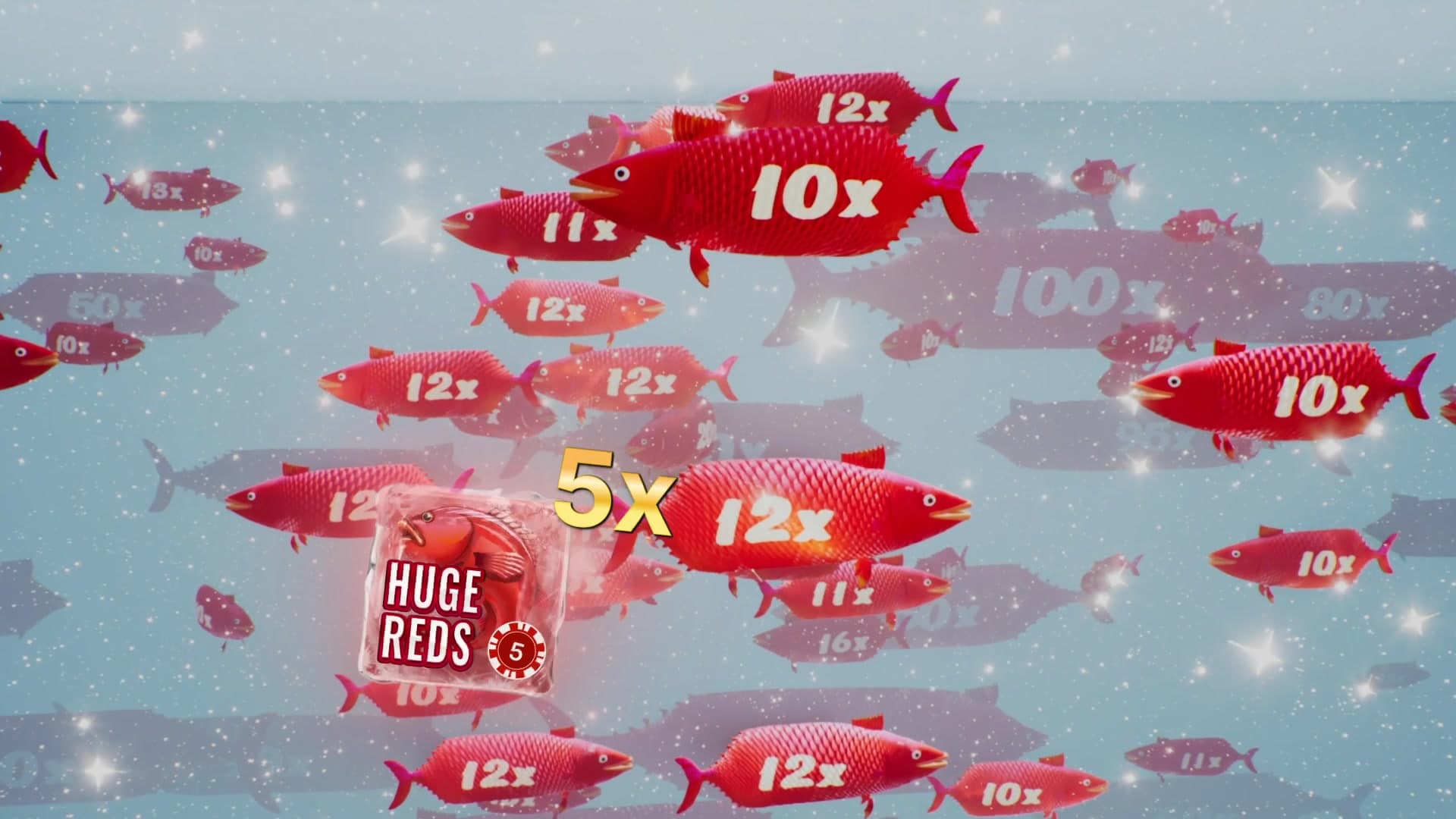 Huge Reds bonus round with 10x and 12x multiplier fish swimming under the ice